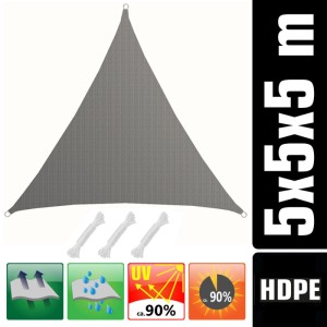 Graues, dreieckiges AMANKA HDPE Sonnensegel 5x5x5m mit Seilen. 90% UV-Schutz, atmungsaktiv & wasserdurchlässig.
