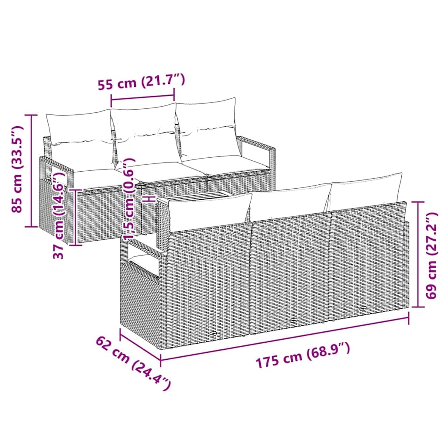 Beiges 7-teiliges Garten-Sofa-Set aus Poly Rattan mit Kissen, modulare Bauweise, Maße eingezeichnet.