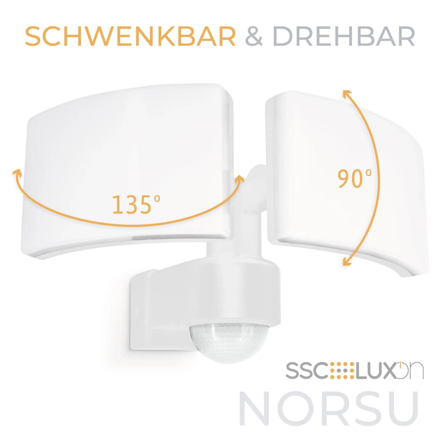 Weißer SSC-LUXon NORSU LED Strahler mit Bewegungsmelder, schwenk- und drehbar.
