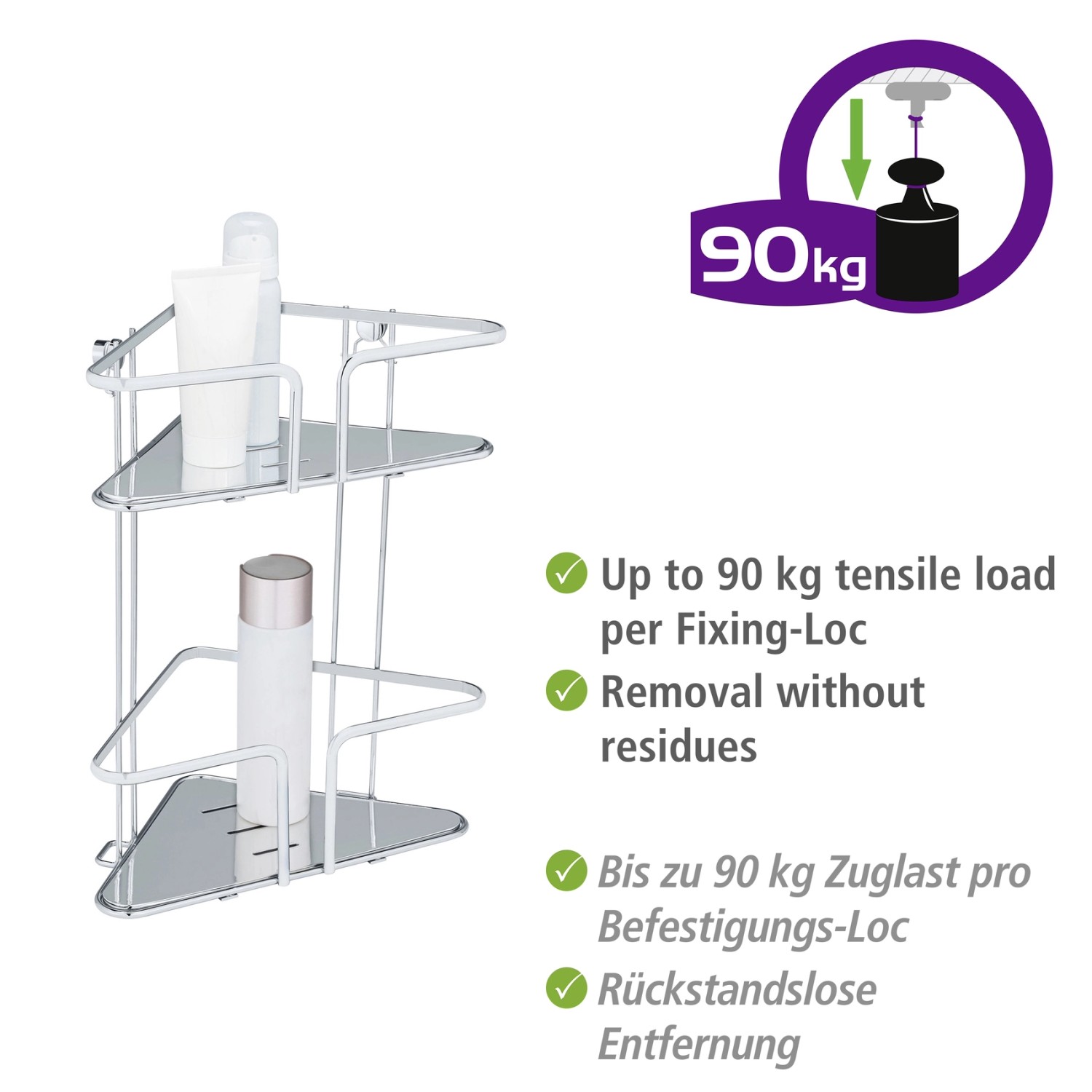 WENKO Eckregal Termoli, Edelstahl, 2 Etagen mit Badartikeln. Praktische Badablage für die Ecke.