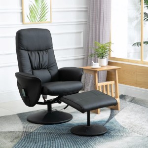 Schwarzer HOMCOM Massagesessel mit verstellbarer Rückenlehne, Fußhocker und Liegefunktion im Wohnzimmer.