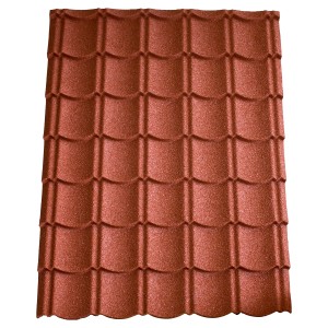Rote Easypan Metalldachpfanne in Ziegeloptik mit Granulatbeschichtung.