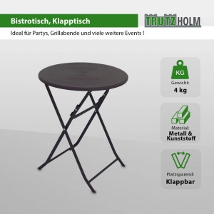 TRUTZHOLM Klapptisch, Gartentisch mit Holzoptik, Ø 60cm, Grau. Platzsparend und ideal für Balkon oder Garten.