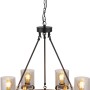 Schwarze, 6-flammige Globo Pendelleuchte mit Rauchglas-Schirmen und Holzring. Moderne Hängeleuchte für den Innenbereich.