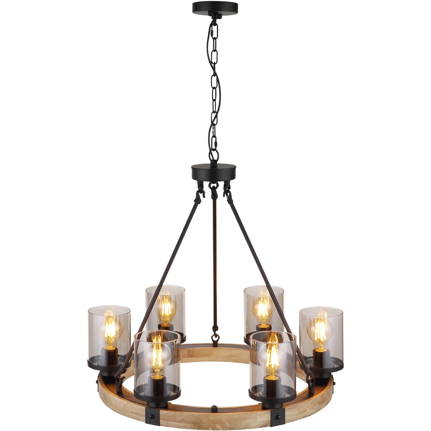 Schwarze, 6-flammige Globo Pendelleuchte mit Rauchglas-Schirmen und Holzring. Moderne Hängeleuchte für den Innenbereich.