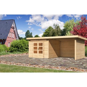 Unbehandeltes Karibu Holz-Gartenhaus Kumla mit Pultdach und Anbau, naturbelassen.
