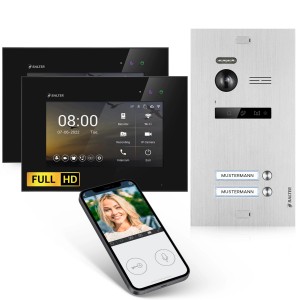 Balter EVO-HD Video-Türsprechanlage für Zweifamilienhaus mit App, Monitoren und Türstation in Silber/Schwarz.