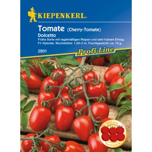 Kiepenkerl Cherry-Tomate Dolcetto F1-Hybride mit roten, ovalen Früchten an Rispen.