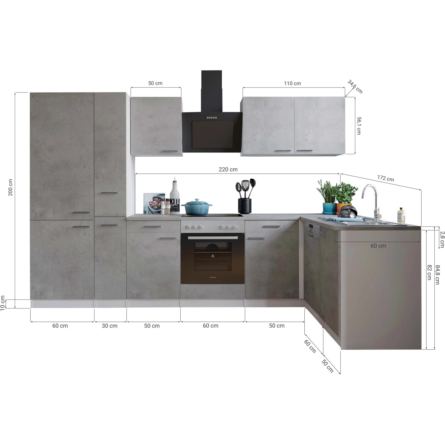 Respekta L-Küche Malia 310 cm in Betonoptik mit E-Geräten wie Kühl-/Gefrierkombination.