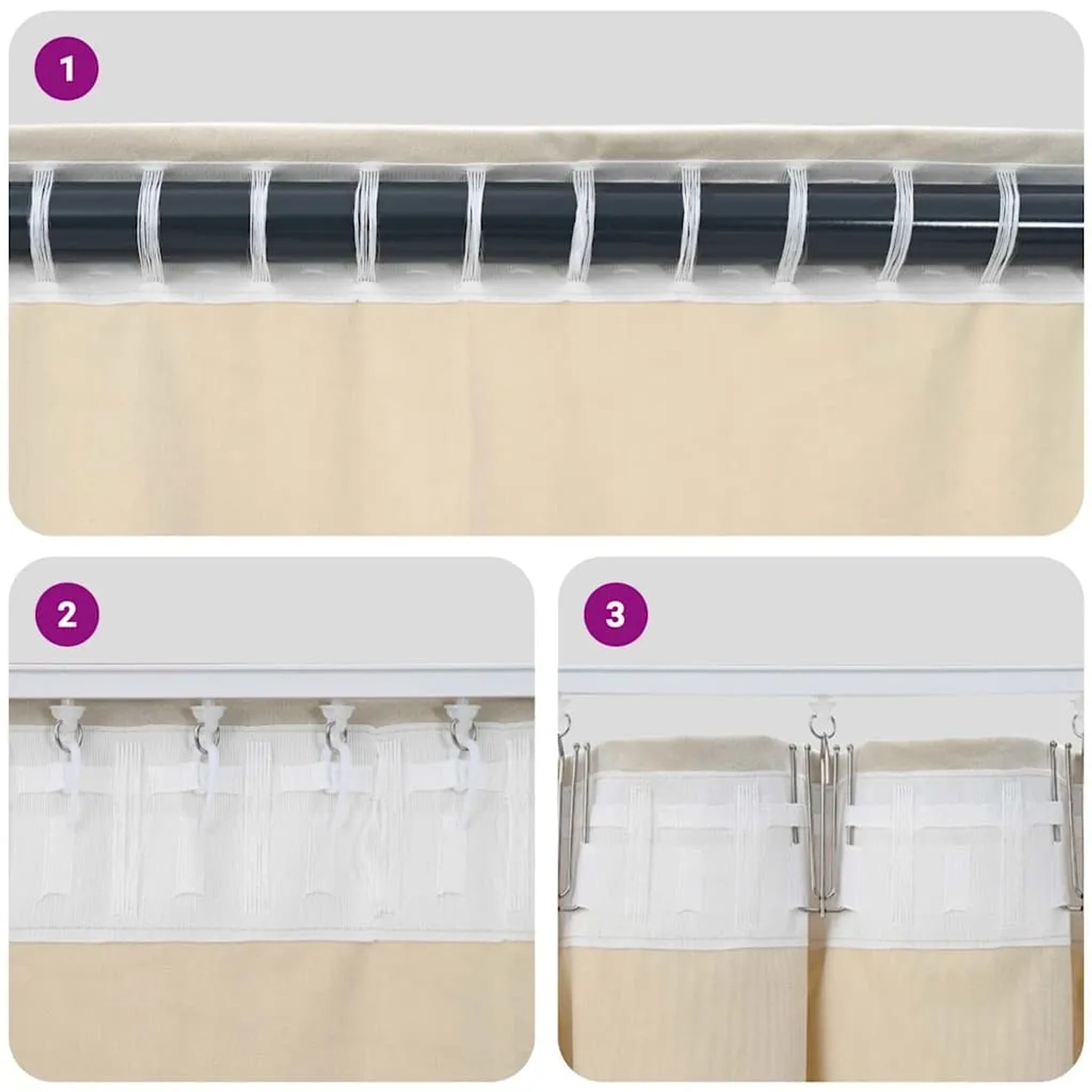 Cremefarbene Samtvorhänge: Drei Aufhängevarianten mit Tabtop, Haken und Clips. Vielseitige Fenstervorhänge.