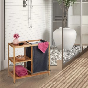 Relaxdays Wäschekorbregal Bambus Natur Grau Mit Wäschesack 65 cm x 68 cm x 33 cm 4,2 kg