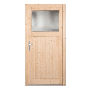 Nebeneingangstür Panto NET 504 Natur, Holz mit Lichtausschnitt und silberner Türklinke.