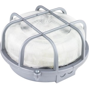 Silberne Halogen-Rundleuchte für Keller, Werkstatt oder Feuchtraum mit Schutzkorb.