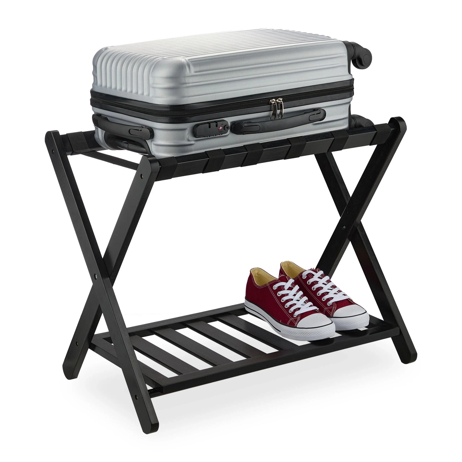 Relaxdays Kofferständer Bambus Schwarz Klappbar mit Ablage 56 cm x 68,5 cm x 41,5 cm 3,6 kg