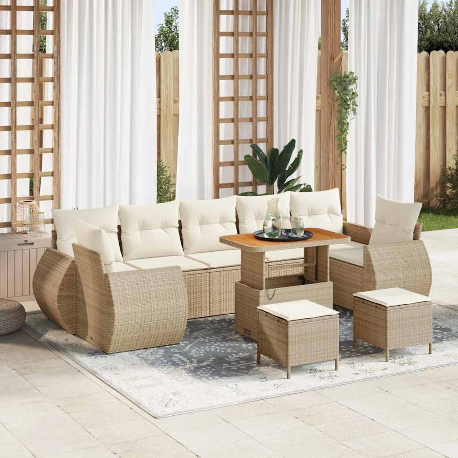 Beiges 10-tlg. vidaXL Garten-Sofa-Set aus Poly Rattan mit Tisch und Hockern für Terrasse und Garten.