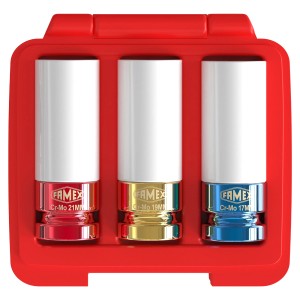 Famex Drehmomentschlüssel-Set mit Radmuttern-Einsätzen (17, 19, 21 mm) im Koffer.