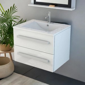 Jet-Line Badmöbel-Set Arosa II, 59cm, Weiß Hochglanz mit Waschbecken und Unterschrank.