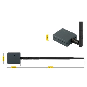 Schellenberg Smartphone-Garagentoröffner Powerlift mit Antenne und Maßangaben.