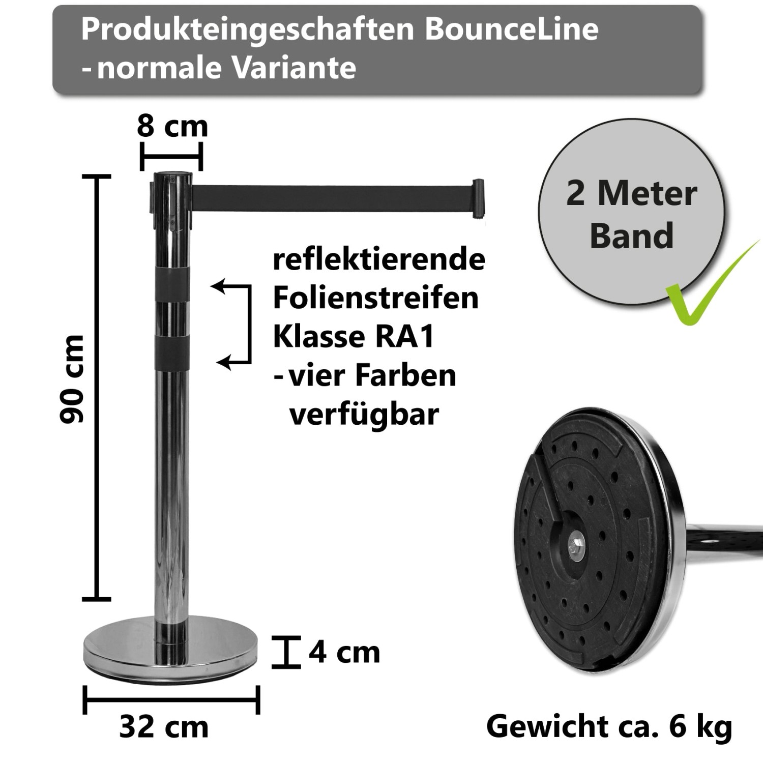 UvV BounceLine Personenleitsystem aus Edelstahl mit rot-weissem Gurt, 90cm hoch.