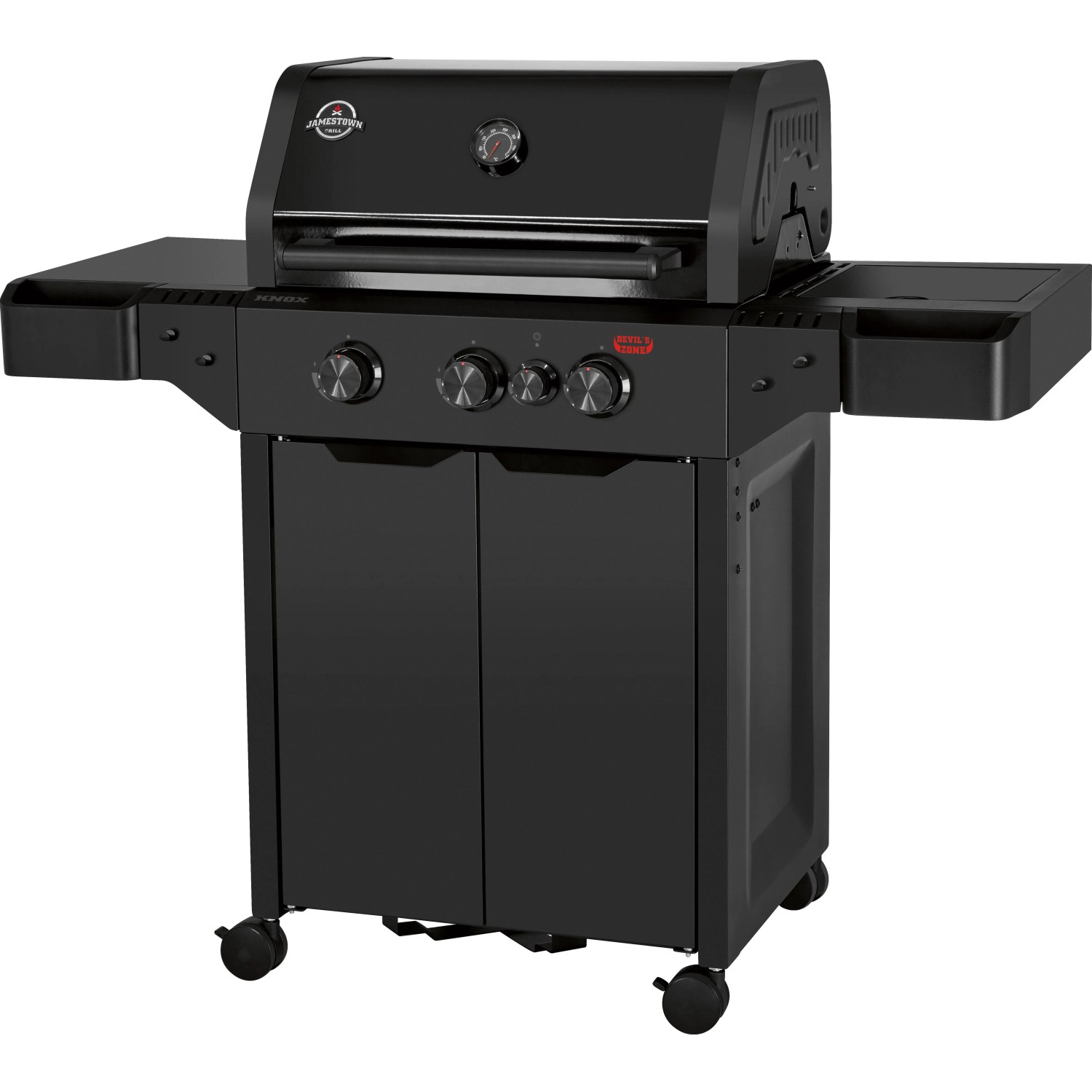 Schwarzer Jamestown 3-Brenner Gasgrill Knox II mit Seitenbrenner und Unterschrank.