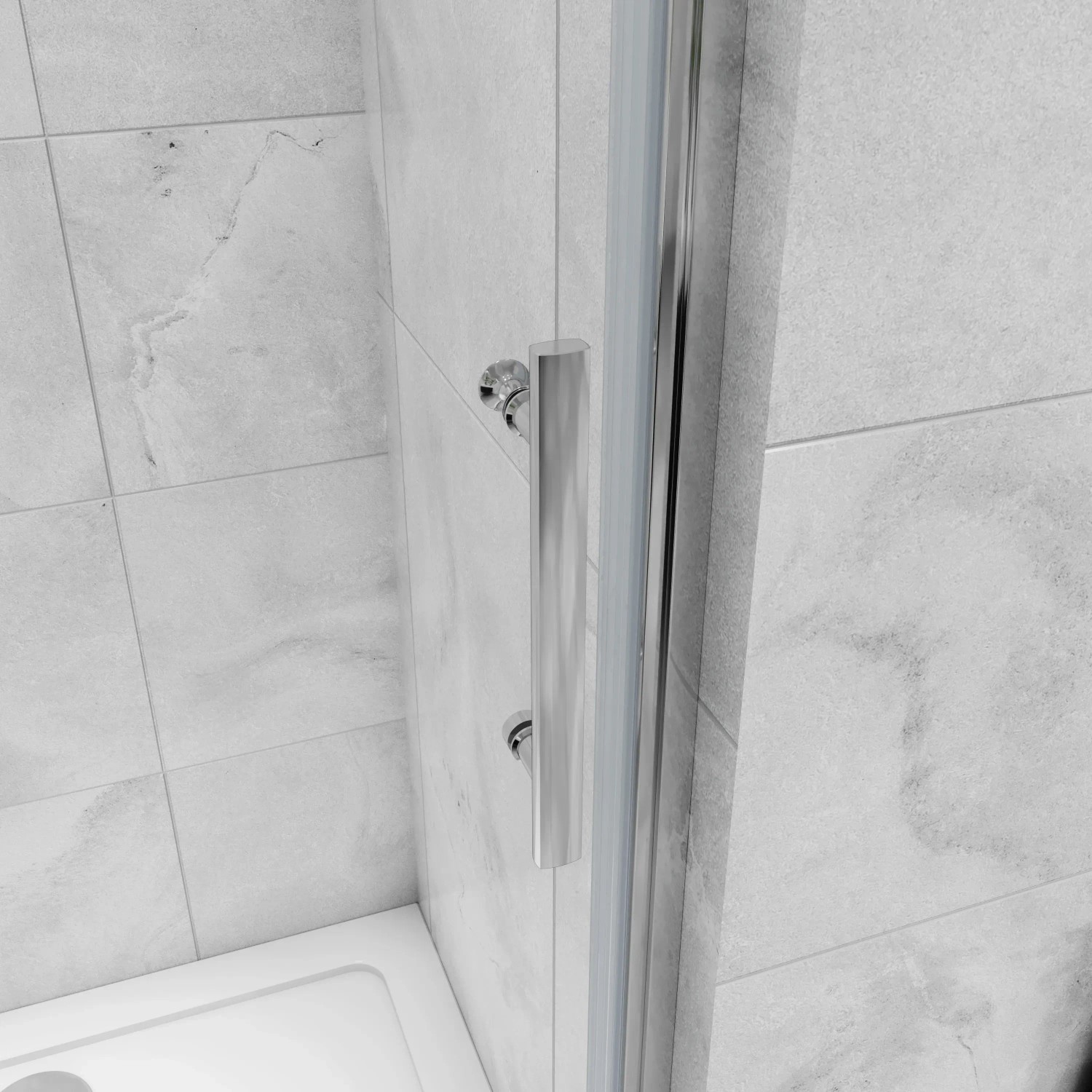 Detailansicht: AICA Nischentür 90x180cm mit Griff und Chromrahmen. Dusche mit Klarglas.