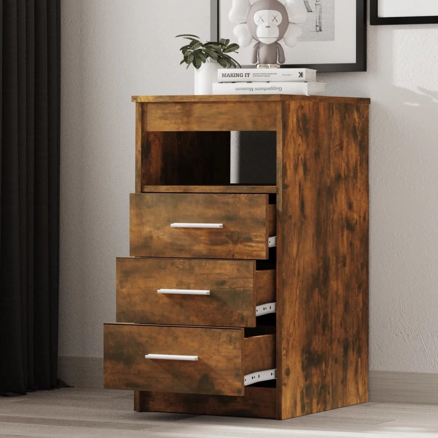vidaXL Sideboard Räuchereiche mit 3 Schubladen und Ablagefach, Büroschrank aus Holzwerkstoff.