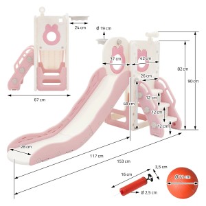 Joyz 3in1 Kinderrutsche Rosa mit Spielturm, Basketballkorb und Maßen.