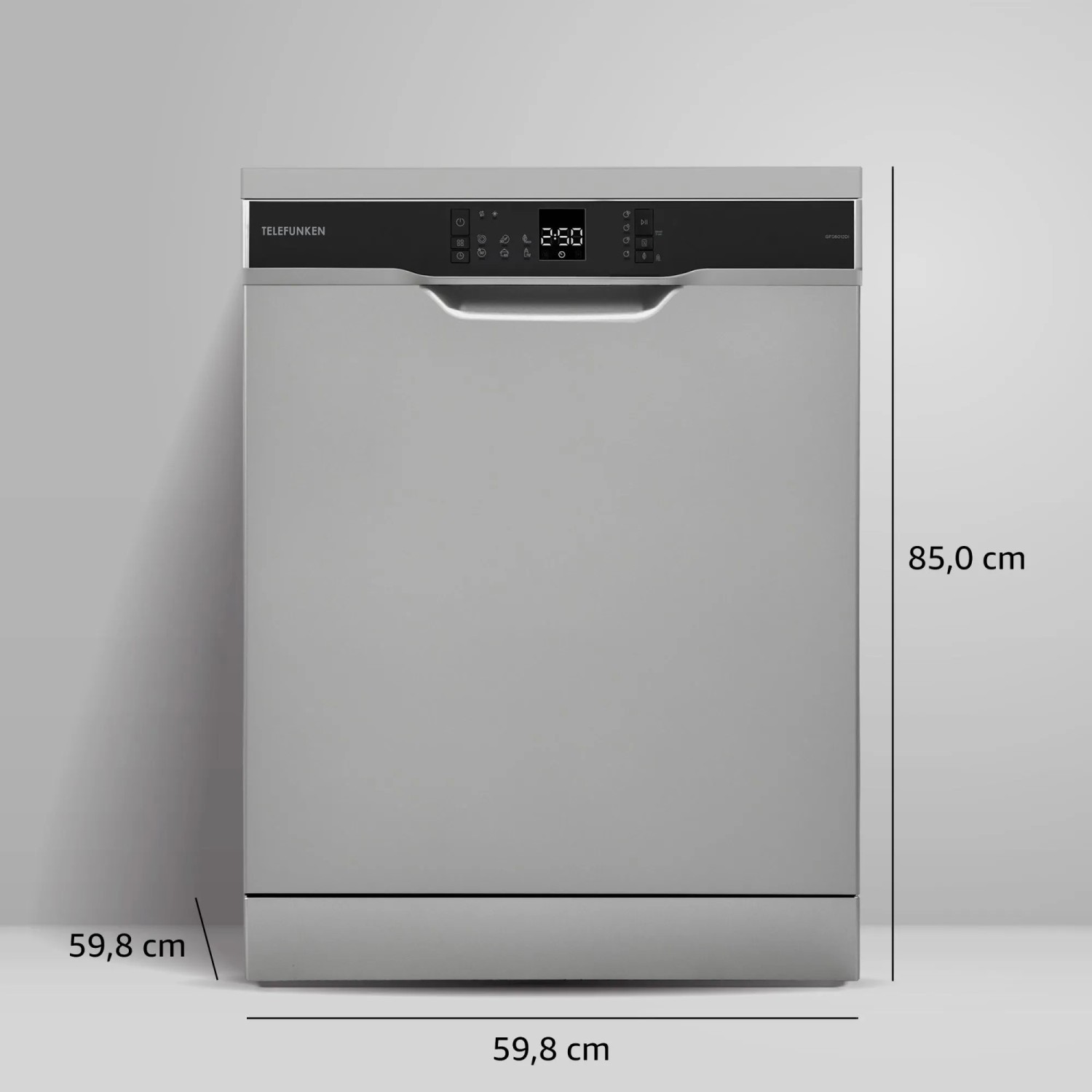 Freistehender Telefunken Geschirrspüler, silberfarben, mit Display und den Maßen 60x85x60 cm.