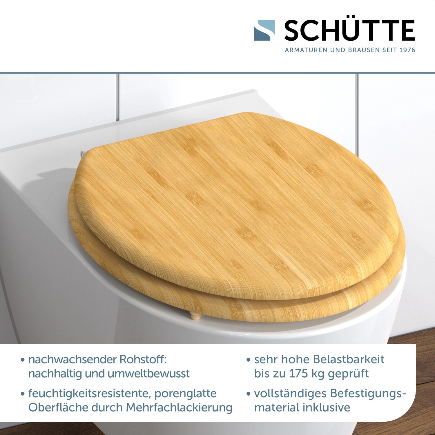 Schütte Bambus WC-Sitz Natural Bamboo auf weißer Toilette. WC-Sitze aus Naturmaterial.