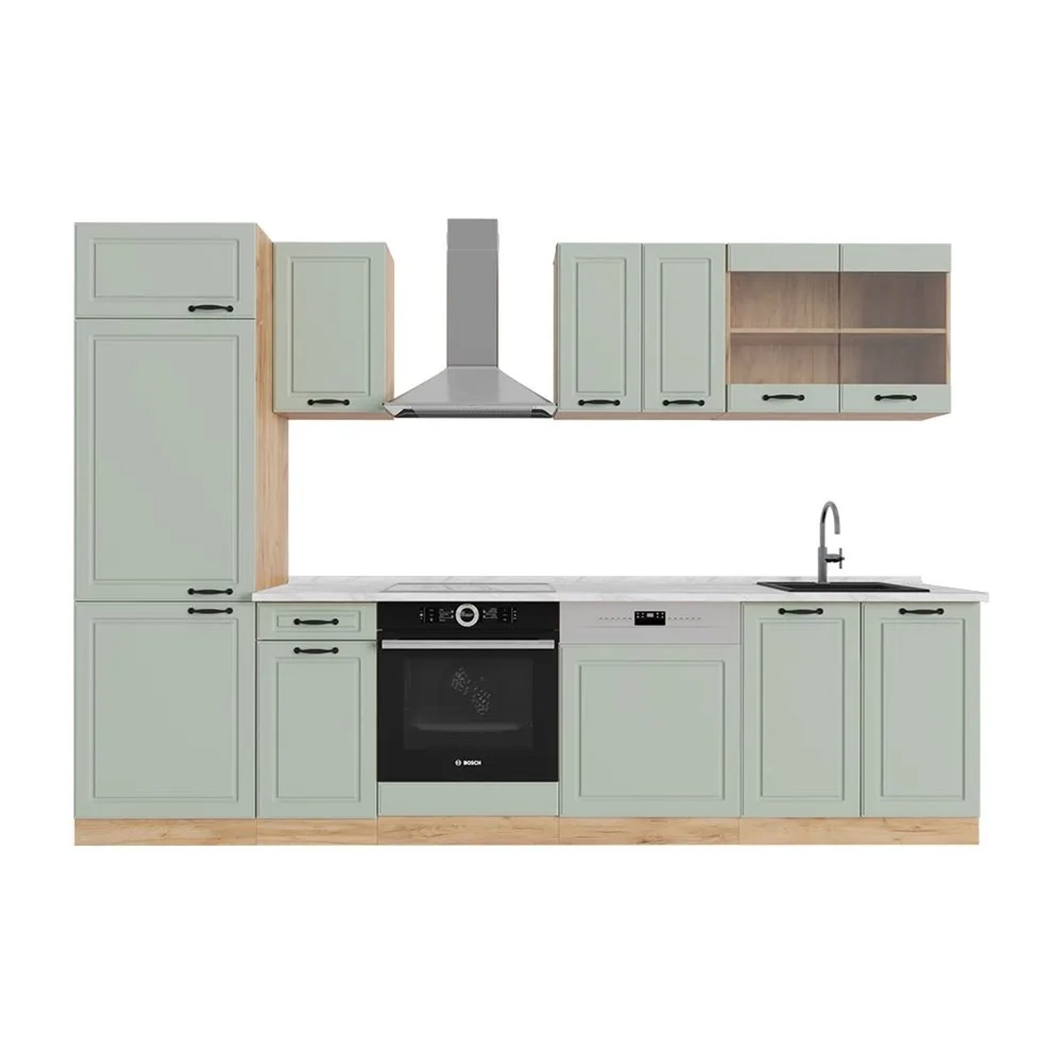 Vicco Küchenzeile R-Line Mint Landhaus/Goldkraft Eiche 300 x 207 Arbeitsplatte Marmor Art Nr 70876