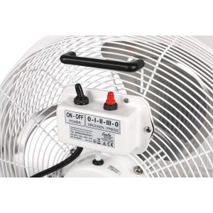 Detailaufnahme: Weißer CASAFAN Industrie Standventilator SPEED2PROTECT mit Bedienelementen.