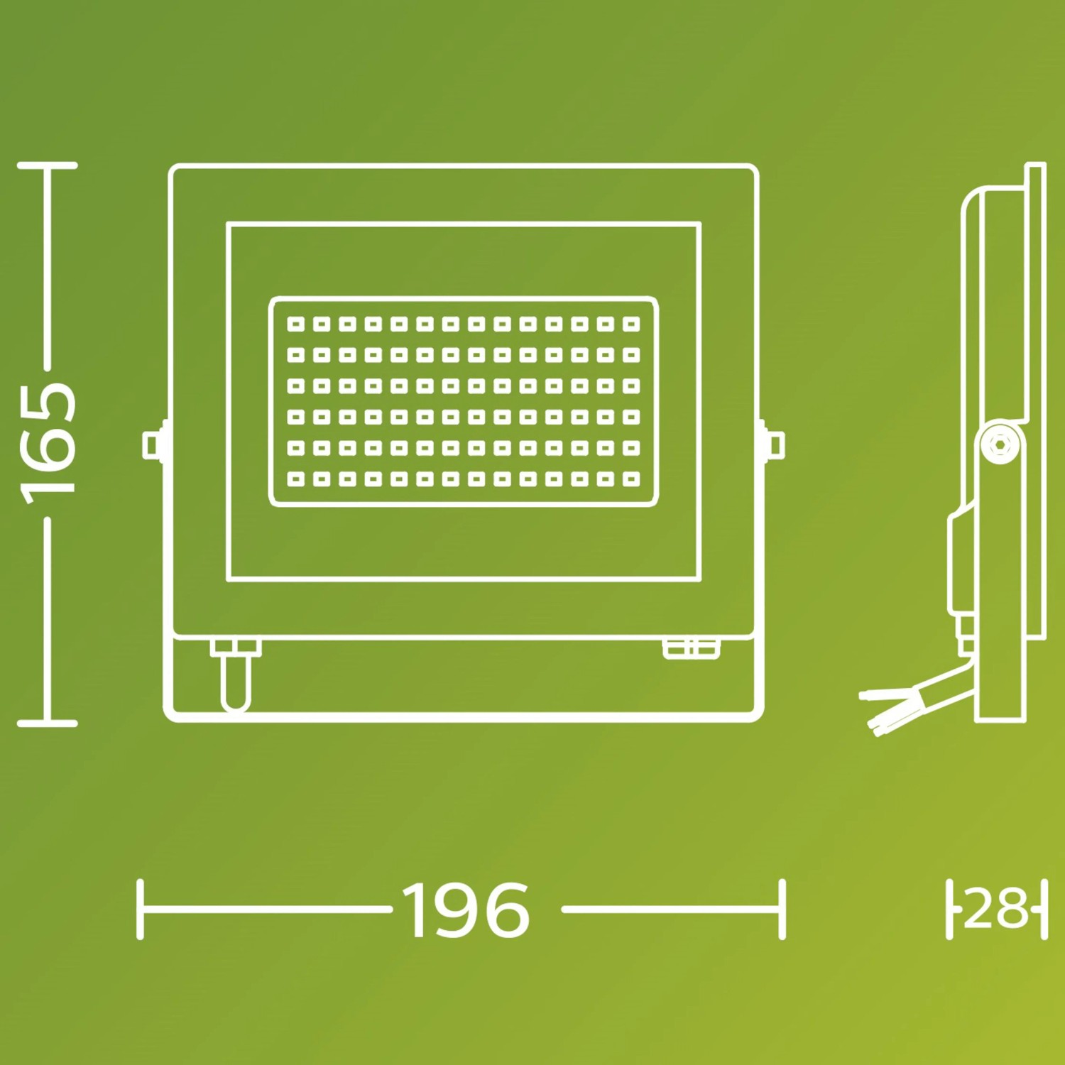 Skizze des schwarzen Philips LED-Außenstrahlers Lois mit Maßangaben.