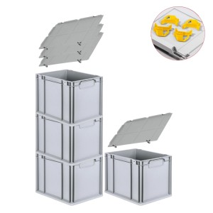 PROREGAL Spar Set: 4 graue Euroboxen mit Deckel und gelben Schiebeverschlüssen. Ideal zur Aufbewahrung.