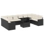 Schwarze vidaXL Garten-Sofagarnitur, 11-teilig, mit cremefarbenen Kissen und Tisch mit Glasplatte.