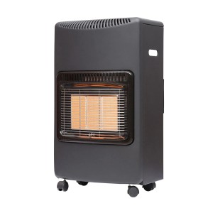 Grauer Sannover Gasheizofen Infrarot Loros 4200 W mit Rollen und Keramikbrenner.
