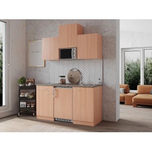 Respekta Küchenzeile KB150BBMIC, 150 cm, Buche Dekor mit Kühlschrank und Mikrowelle.