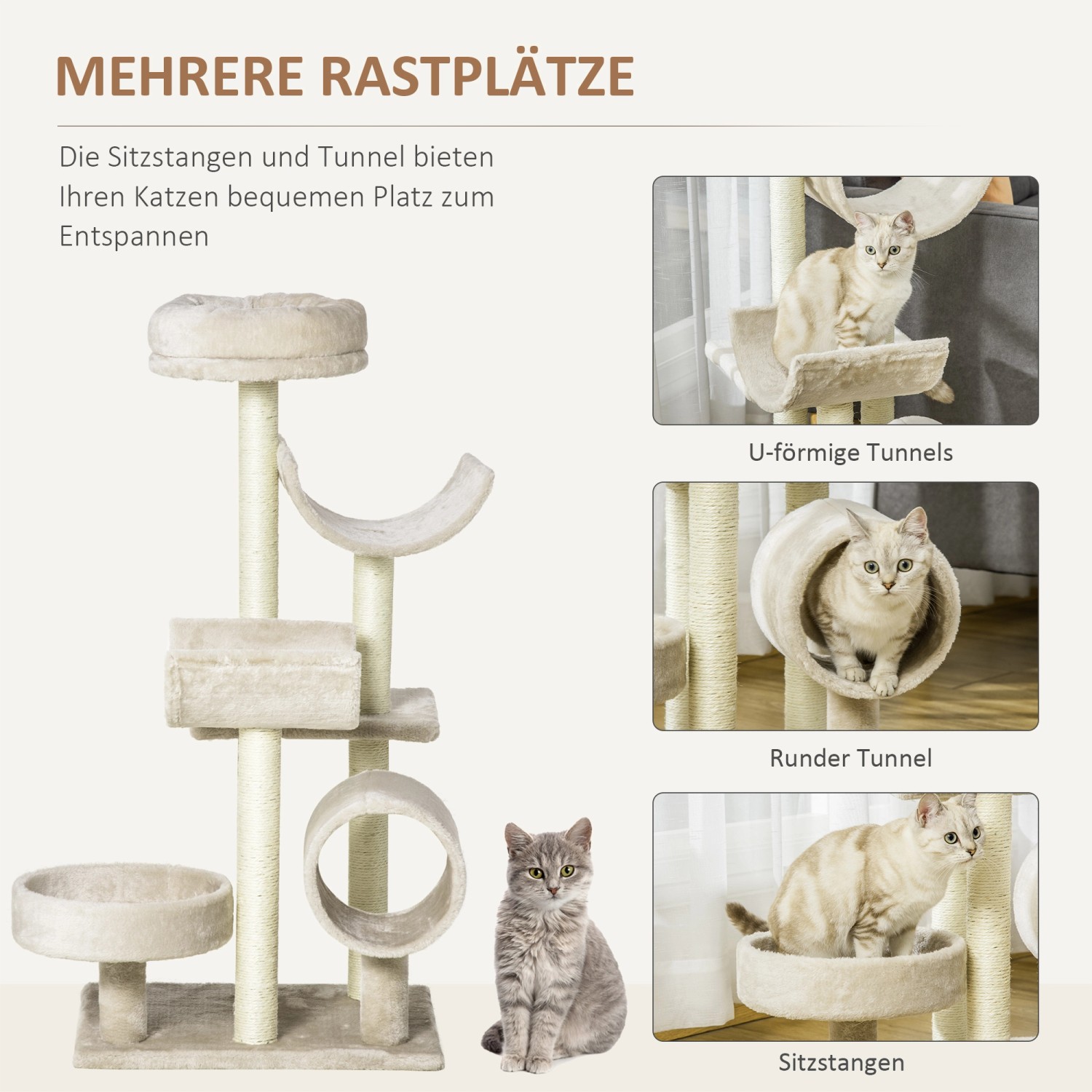 Beiger PawHut Katzenbaum mit Kratzstämmen, Tunneln und Liegeflächen für Katzen.