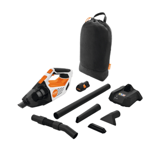 Stihl Akku-Handsauger SEA 20 Set: orange-grauer Sauger, Akku AS 2, Ladegerät AL 1, Düsen, Schlauch, Tasche.