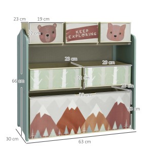 ZONEKIZ Kinderregal mit 6 Fächern und bunten Vliesstoffboxen mit Tiermotiven.