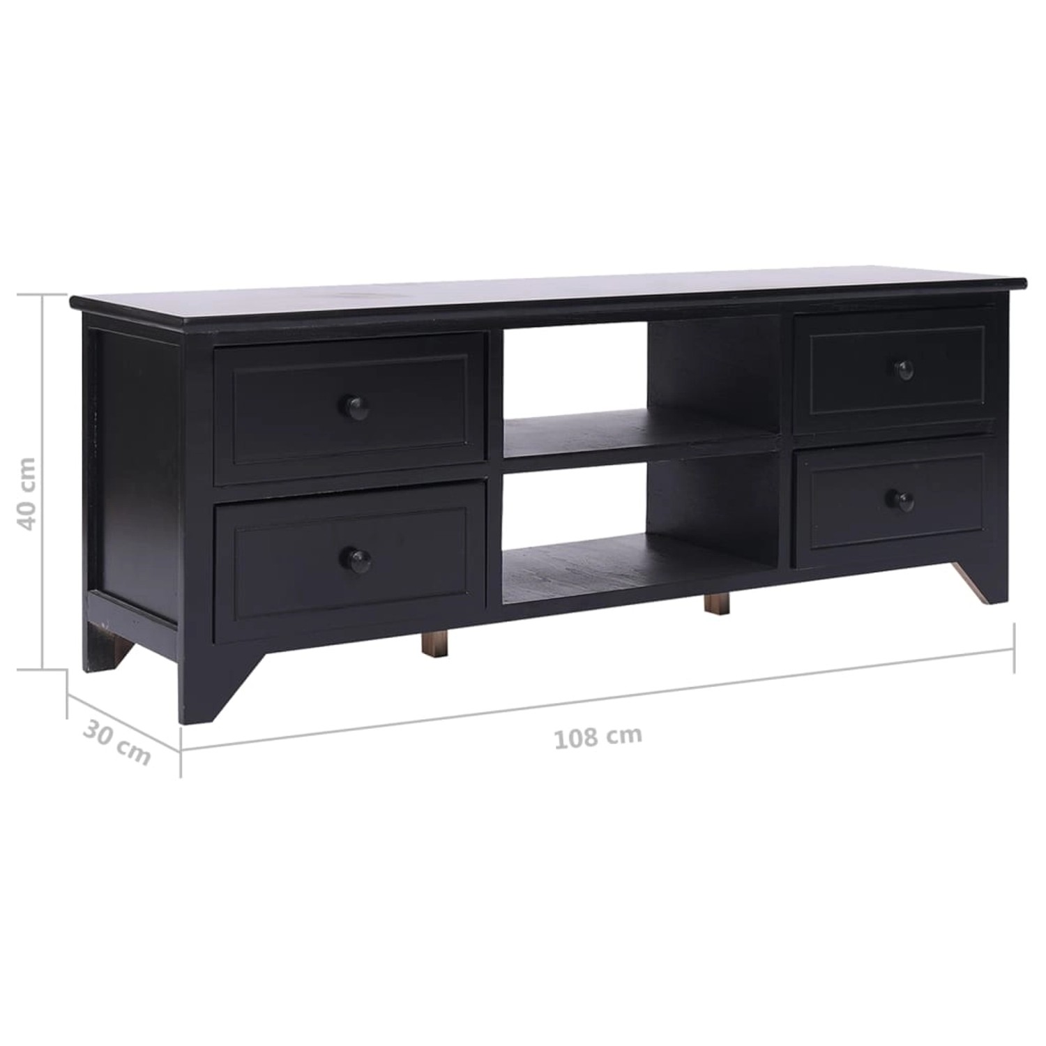 VidaXL TV-Schrank, schwarz, 108x30x40 cm, aus Paulownia Massivholz mit 4 Schubladen und 2 Fächern.