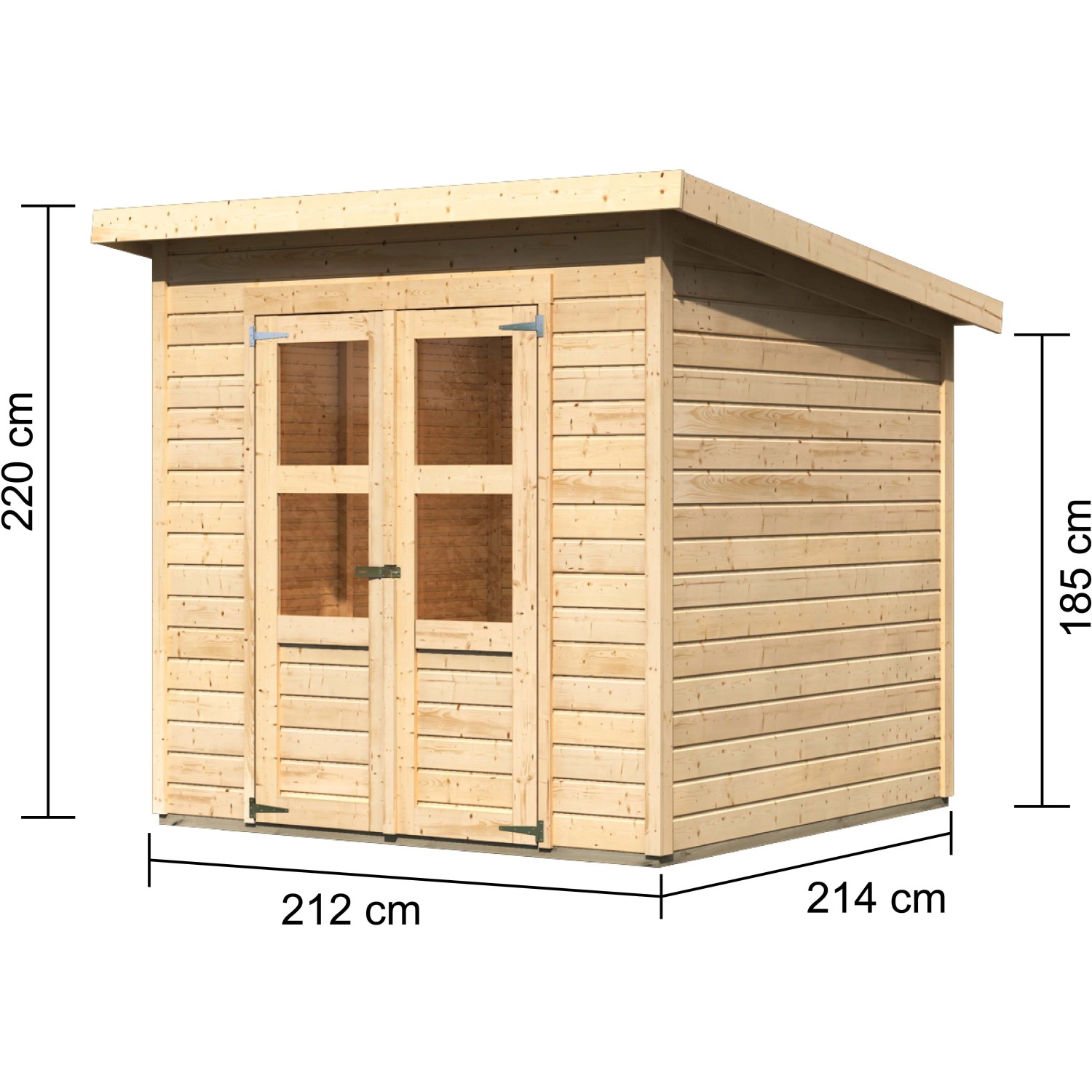Karibu Holz-Gartenhaus Neuenburg 2, naturbelassen, mit Doppeltür und Pultdach. Maße: 208x210 cm.