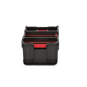Schwarzer PROREGAL QBRICK Werkzeugkasten mit roten Akzenten, 52 Liter Volumen.