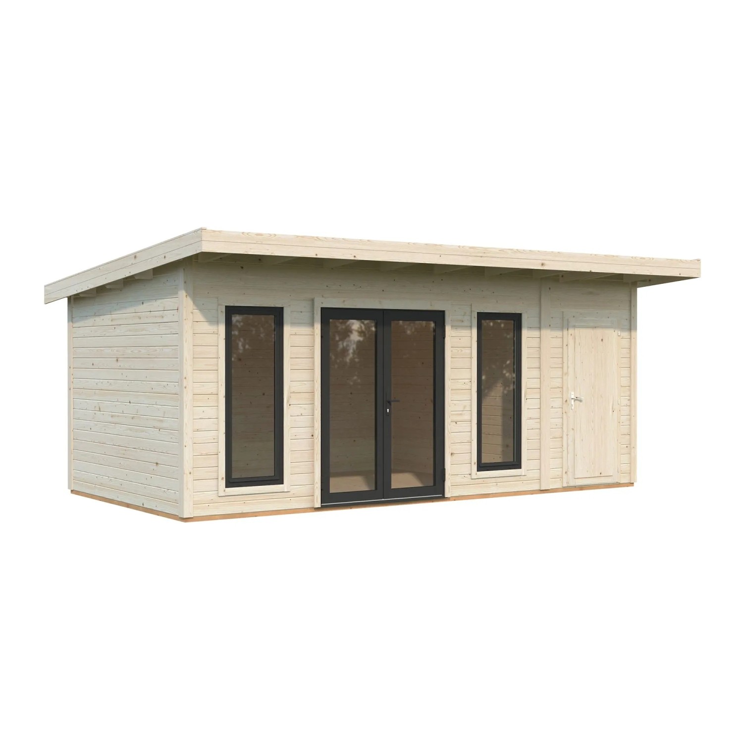 Palmako Holz-Gartenhaus mit Pultdach, unbehandelt, 586x300 cm. Modernes Gartenhaus mit Fenster und Tür.