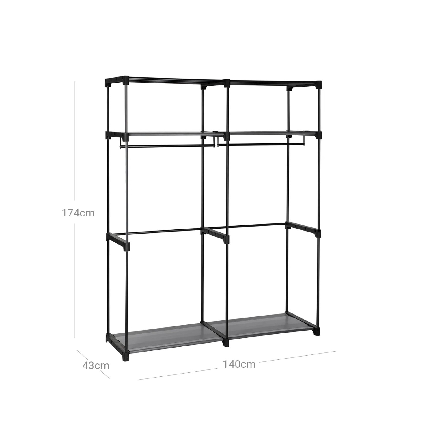 Schwarzer Songmics Stoffschrank (140x43x174 cm) mit zwei Einlegeböden und Kleiderstangen.
