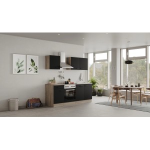 Flex-Well Exclusiv Küchenzeile Capri, 210 cm, Schwarz Matt/Endgrain Oak, mit E-Geräten.