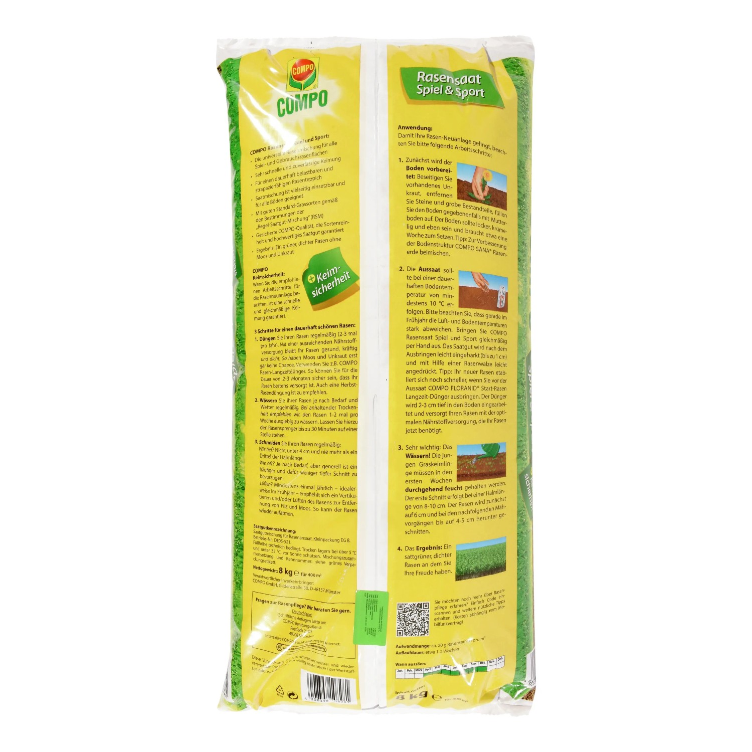 Compo Rasensamen Spiel & Sport, 8 kg Packung für strapazierfähigen Gebrauchsrasen.
