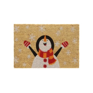 Mehrfarbige Kokos Fußmatte mit Schneemann-Motiv, roten Handschuhen, Schal und Schneeflocken, rutschfest.