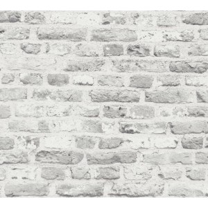 Dekorative Vliestapete mit realistischem weiß-grauem Ziegelsteinmuster für einen rustikalen Loft-Look.