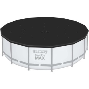 Bestway Pool Abdeckplane, schwarz, für Pools bis Ø 488 cm. Robuste PVC-Plane mit Drainagelöchern.