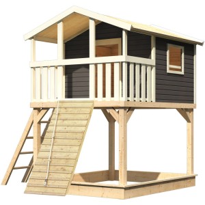 Karibu Stelzenhaus Benjamin mit Holzrampe in Terragrau und Sandkasten.